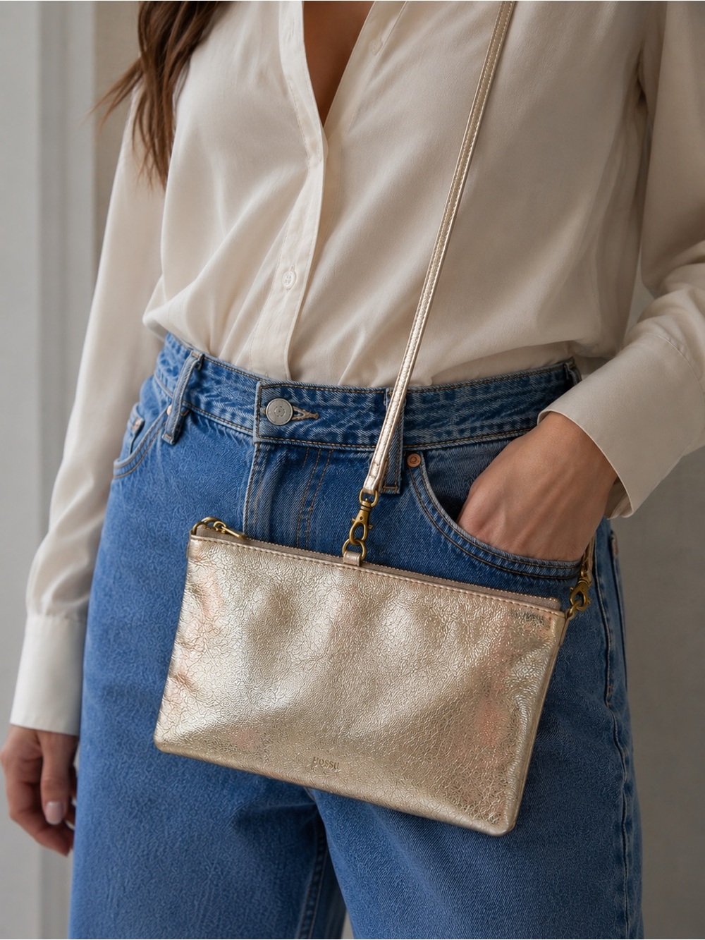 Fossil 100% Genuine Leather Gold Leaf Crossbody convertible clutch bag